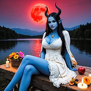 Blue-skinned woman by lake at twilight with red moon