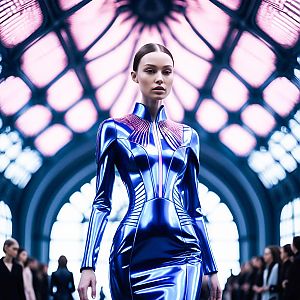 High-Fashion Metallic Blue Gown on Model