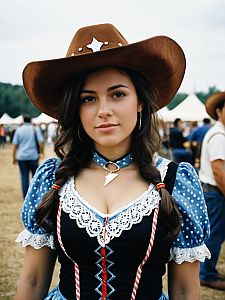 Woman in Cowgirl Fancy Dress Costume at Festival