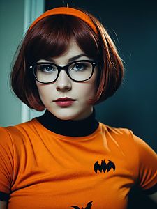 Woman in Velma Halloween Costume Photorealistic Cosplay Portrait
