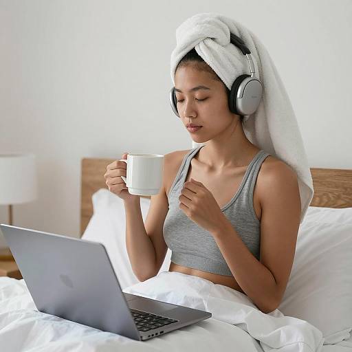 Young Woman Relaxing in Bed with Laptop and Headphones