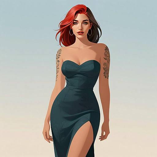 Stylish Woman in Strapless Dress with Floral Tattoos Digital Illustration