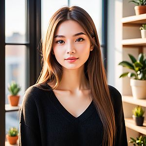 Young Woman in Black Sweater by Window
