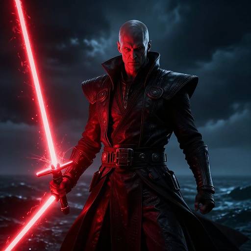 Futuristic Sci-Fi Villain with Red Double-Bladed Lightsaber on Stormy Ocean