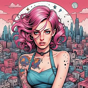 Vibrant Woman with Pink Hair in Urban Nightscape