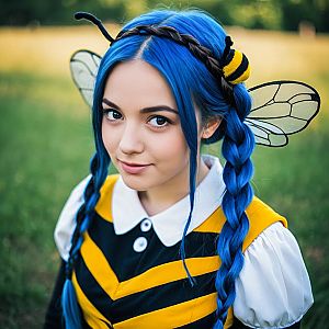 Young Woman in Bee Costume with Blue Hair