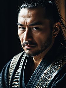 Photorealistic Close-Up Portrait of Man in Samurai Costume with Cinematic Lighting