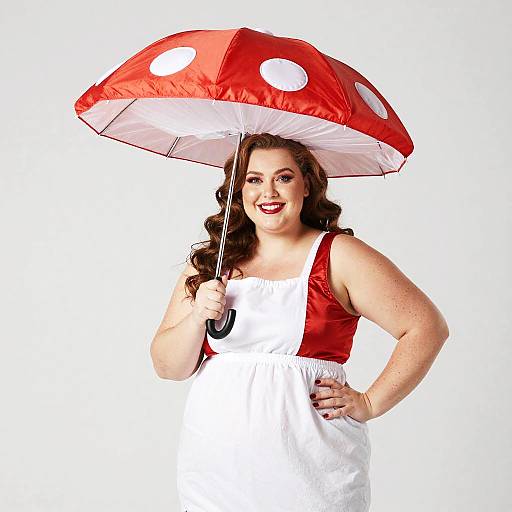 Plus Size Woman in Playful Mushroom Costume Holding Red Mushroom Umbrella