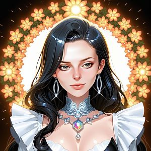 Elegant Woman Portrait with Black Hair and Orange Flowers