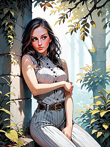 Stylish Woman in Pinstriped Jumpsuit Digital Illustration Nature Setting