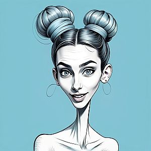 Stylized Caricature of Woman with Double Buns Digital Illustration