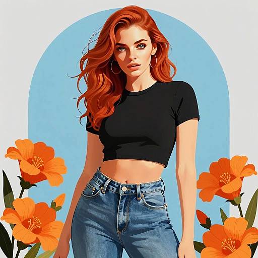 Stylish Red-Haired Woman in Black Crop Top and Jeans with Orange Flowers Digital Illustration