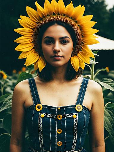 Portrait of Woman in Sunflower Costume Waist Up Editorial Photo