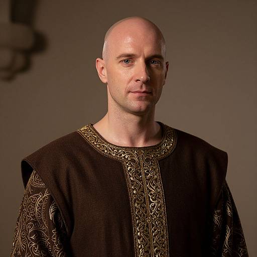 Portrait of Bald Man in Ornate Brown and Gold Embroidered Garment
