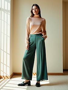 Stylish Woman in Wide-Leg Green Trousers and Beige Turtleneck Indoors