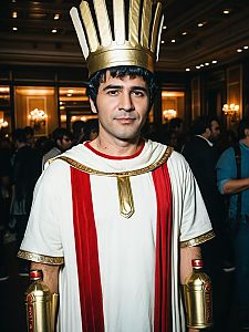 Man in Creative Caesar Dressing Bottle Costume at Cosplay Event