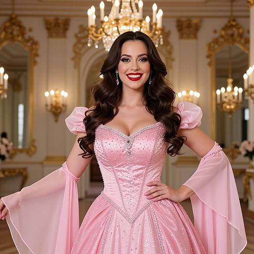Elegant Woman in Pink Princess Ball Gown in Lavish Ballroom