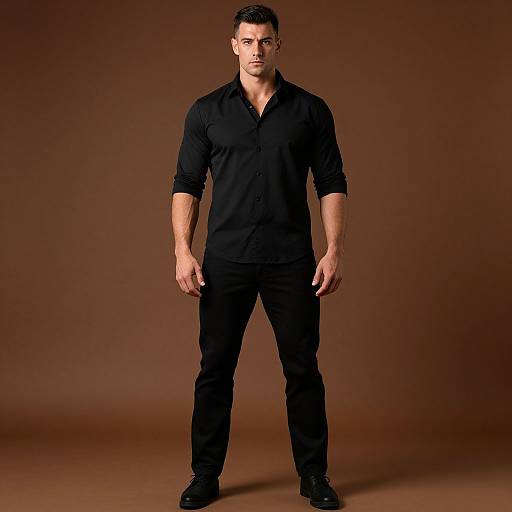 Confident Man in Black Shirt and Pants Against Brown Background