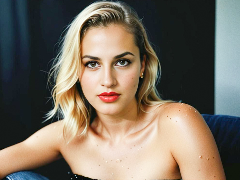 Elegant blonde woman with red lips and glamorous skin