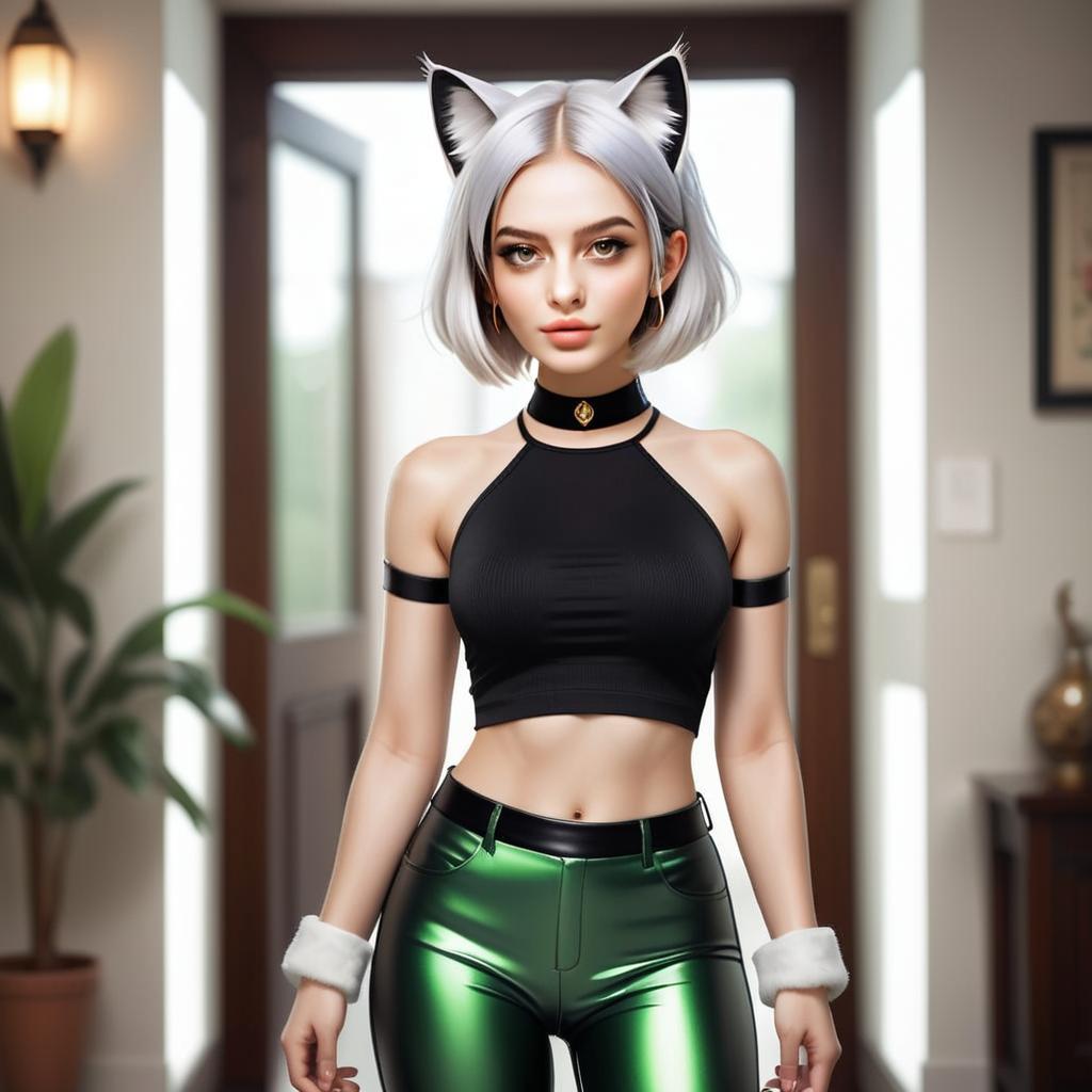 Stylish woman with silver hair and cat ears in modern setting Stylish woman with silver hair and cat ears in modern setting