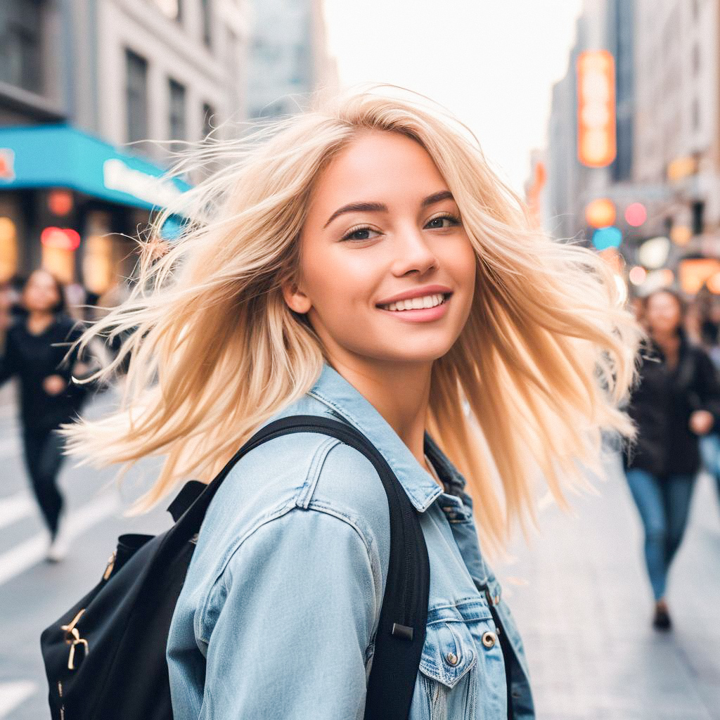 Young Woman Smiling in Busy City