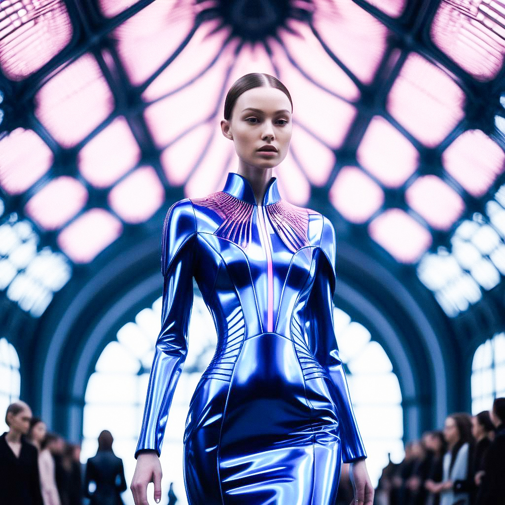 High-Fashion Metallic Blue Gown on Model High-Fashion Metallic Blue Gown on Model