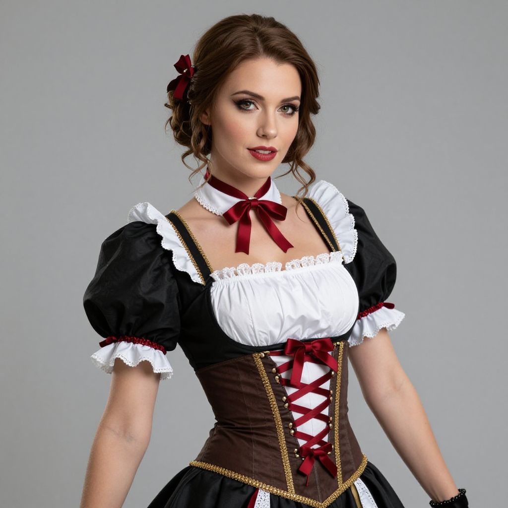Woman in Traditional Bavarian Dirndl Costume with Corset and Ribbon Lacing