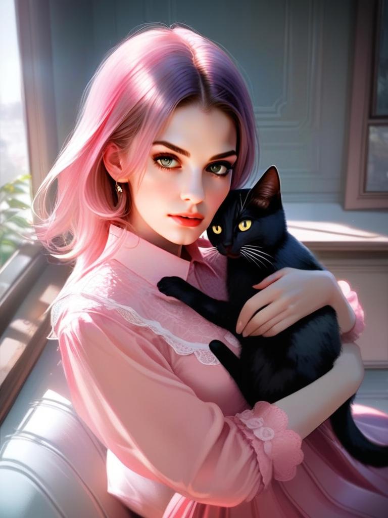 Young Woman with Pink Hair and Black Cat by Window Young Woman with Pink Hair and Black Cat by Window