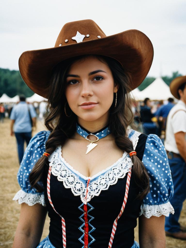 Woman in Cowgirl Fancy Dress Costume at Festival