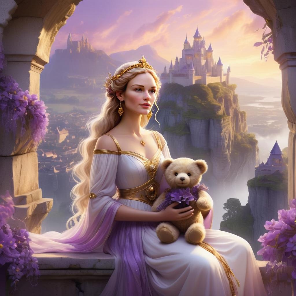 Serene Woman with Teddy Bear at Medieval Castle