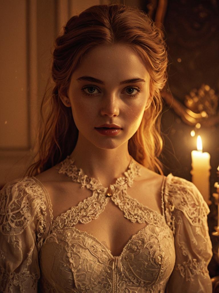 Vintage Lace Gown Woman Portrait in Warm Candlelight