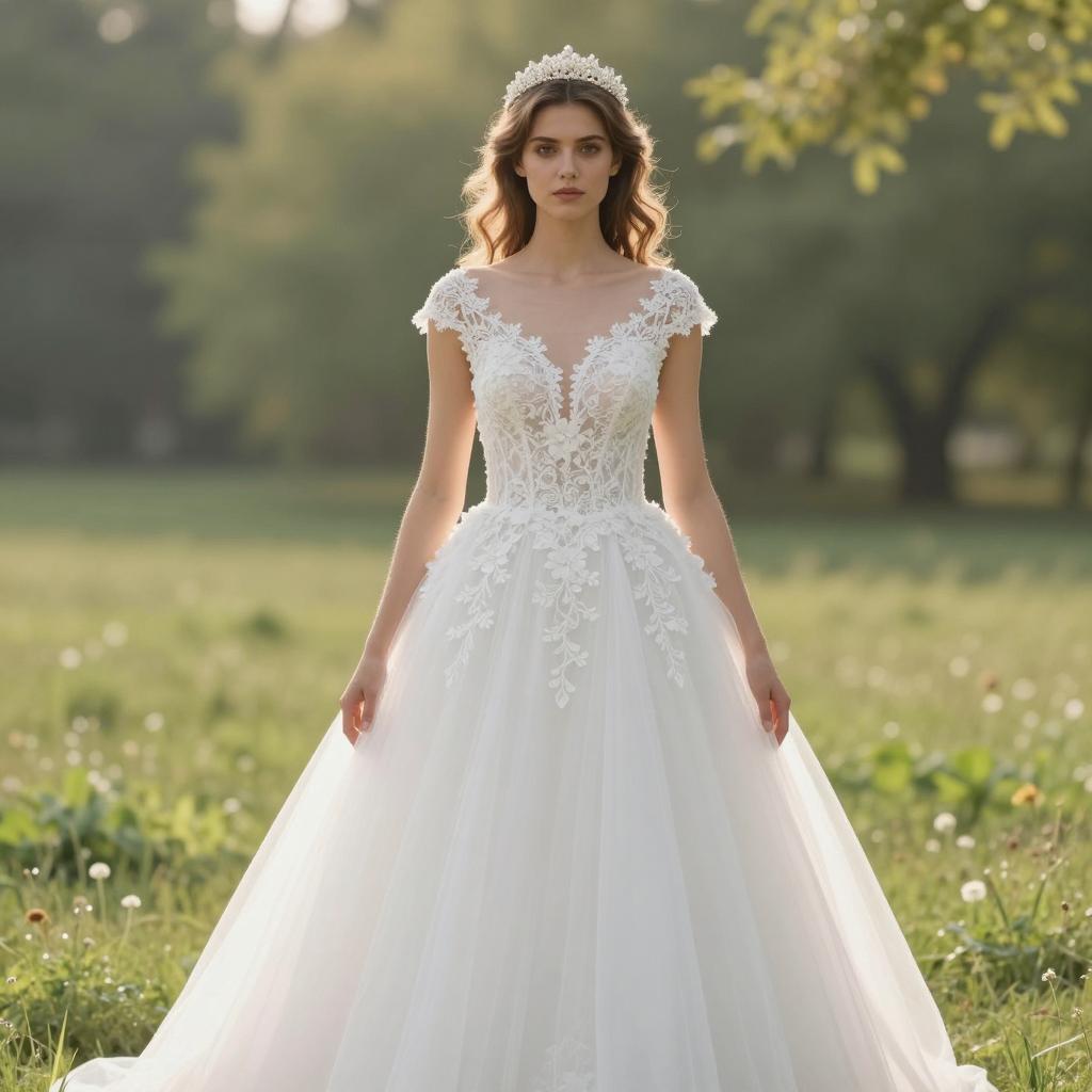 Elegant Wedding Dress Bride Wearing Tiara Outdoors in Field