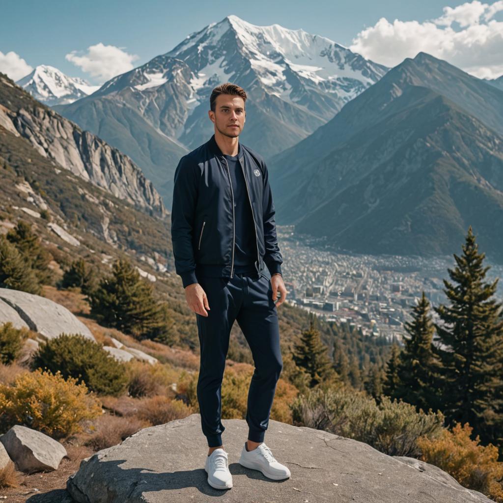 Confident Man on Rock with Mountain View