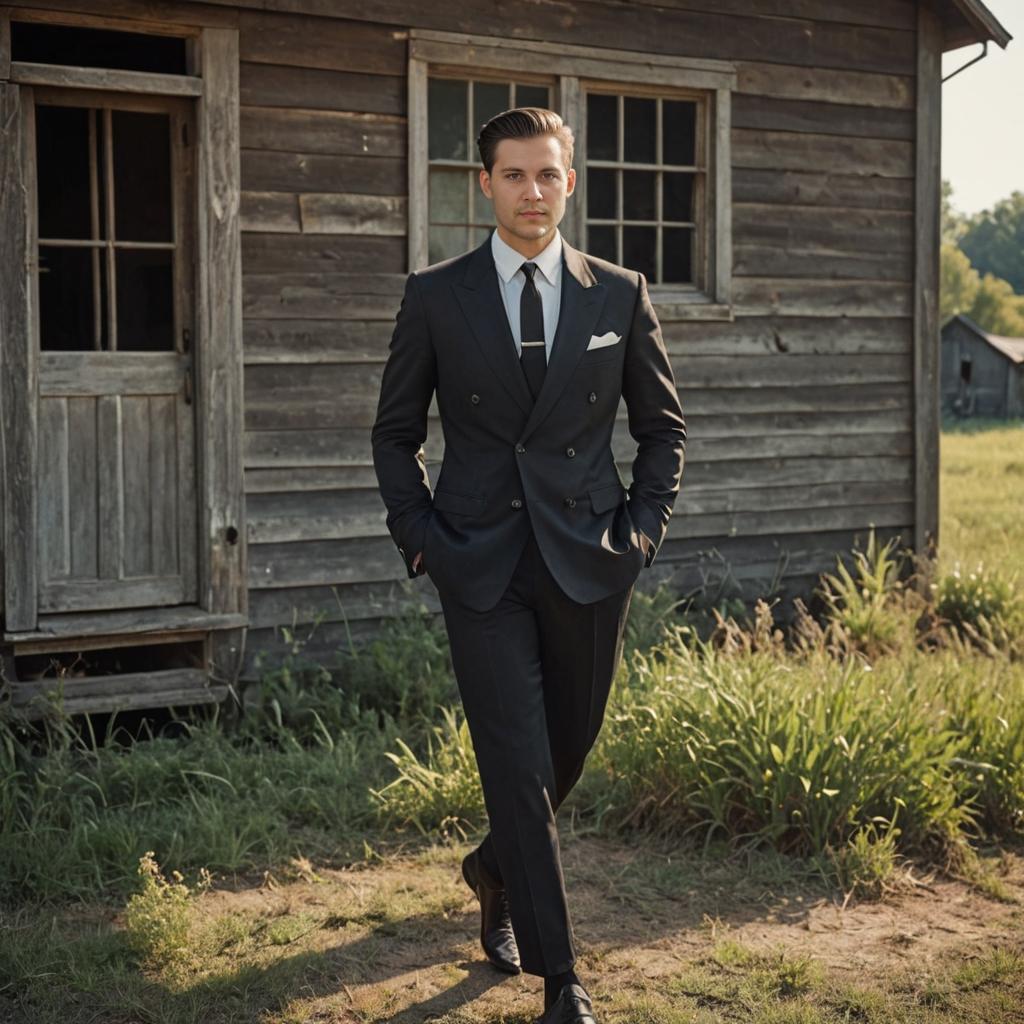 Man in Double-Breasted Suit in Rustic Countryside