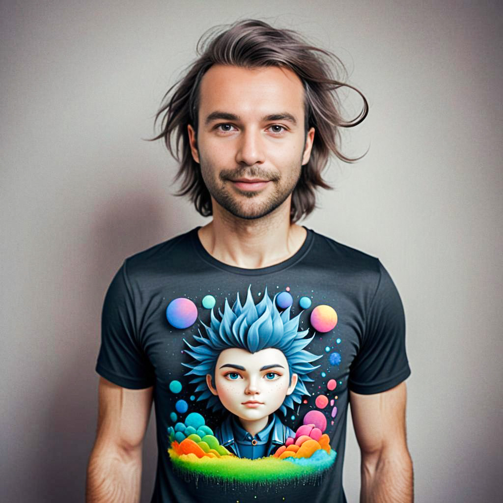 Stylish Young Man in Graphic T-Shirt with Whimsical Character