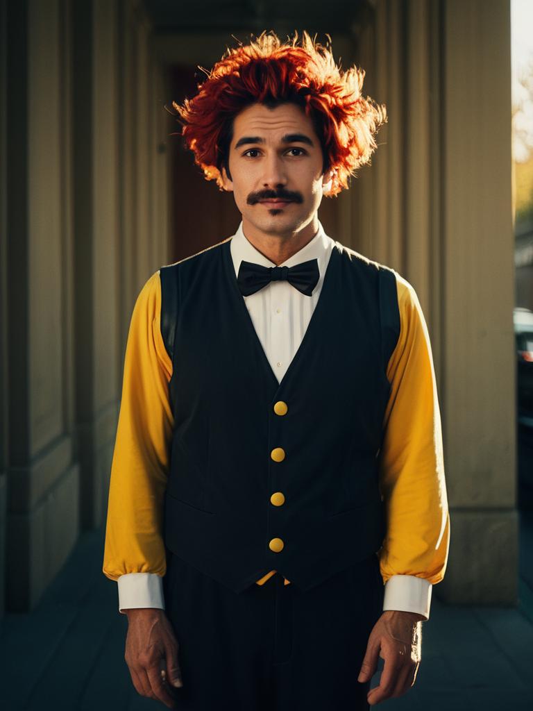 Man in Playful Show Character Costume with Bright Red Hair Cinematic Portrait