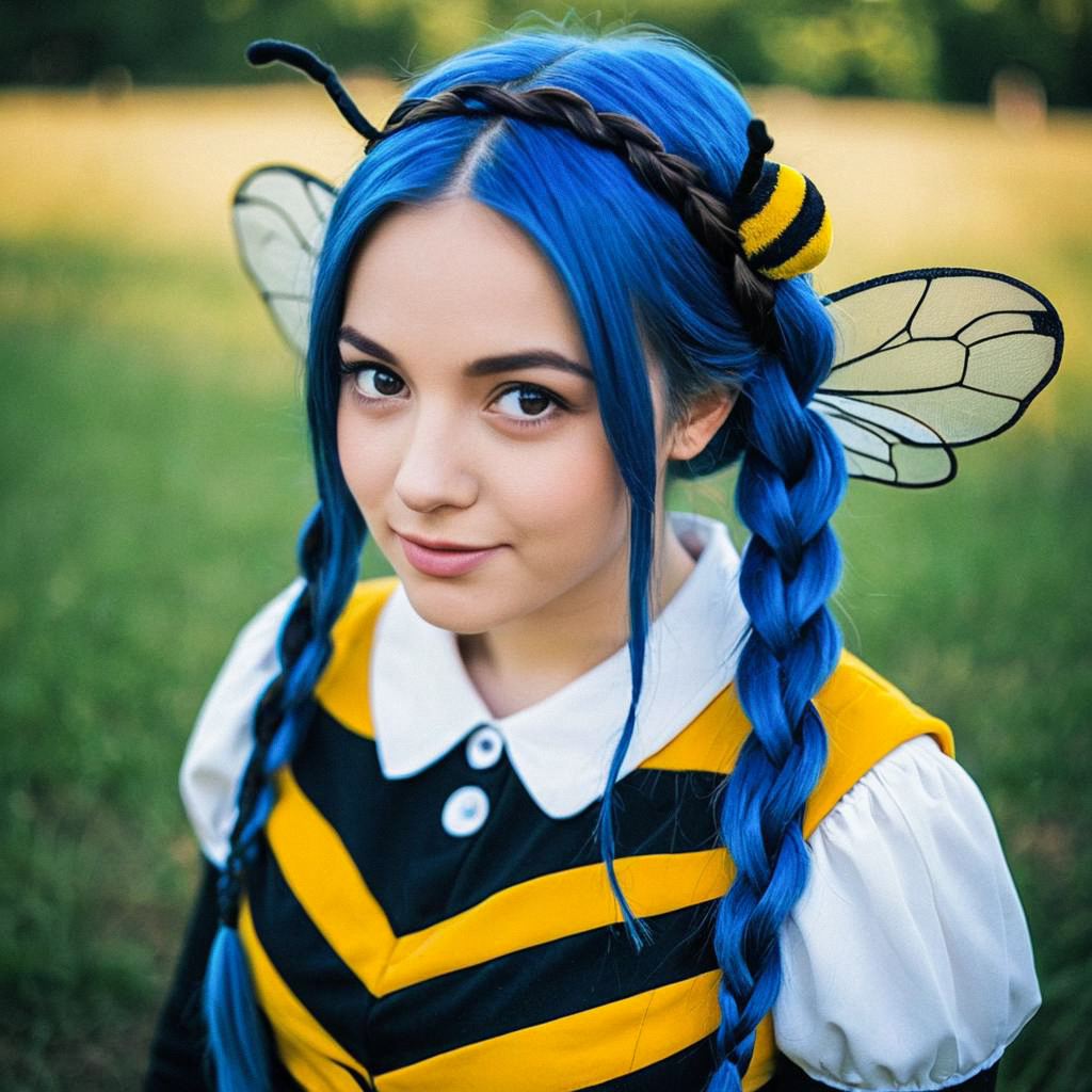 Young Woman in Bee Costume with Blue Hair