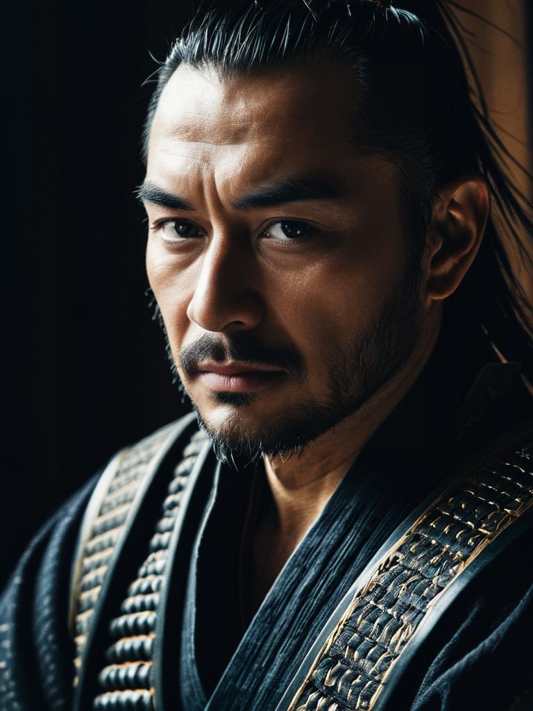 Photorealistic Close-Up Portrait of Man in Samurai Costume with Cinematic Lighting