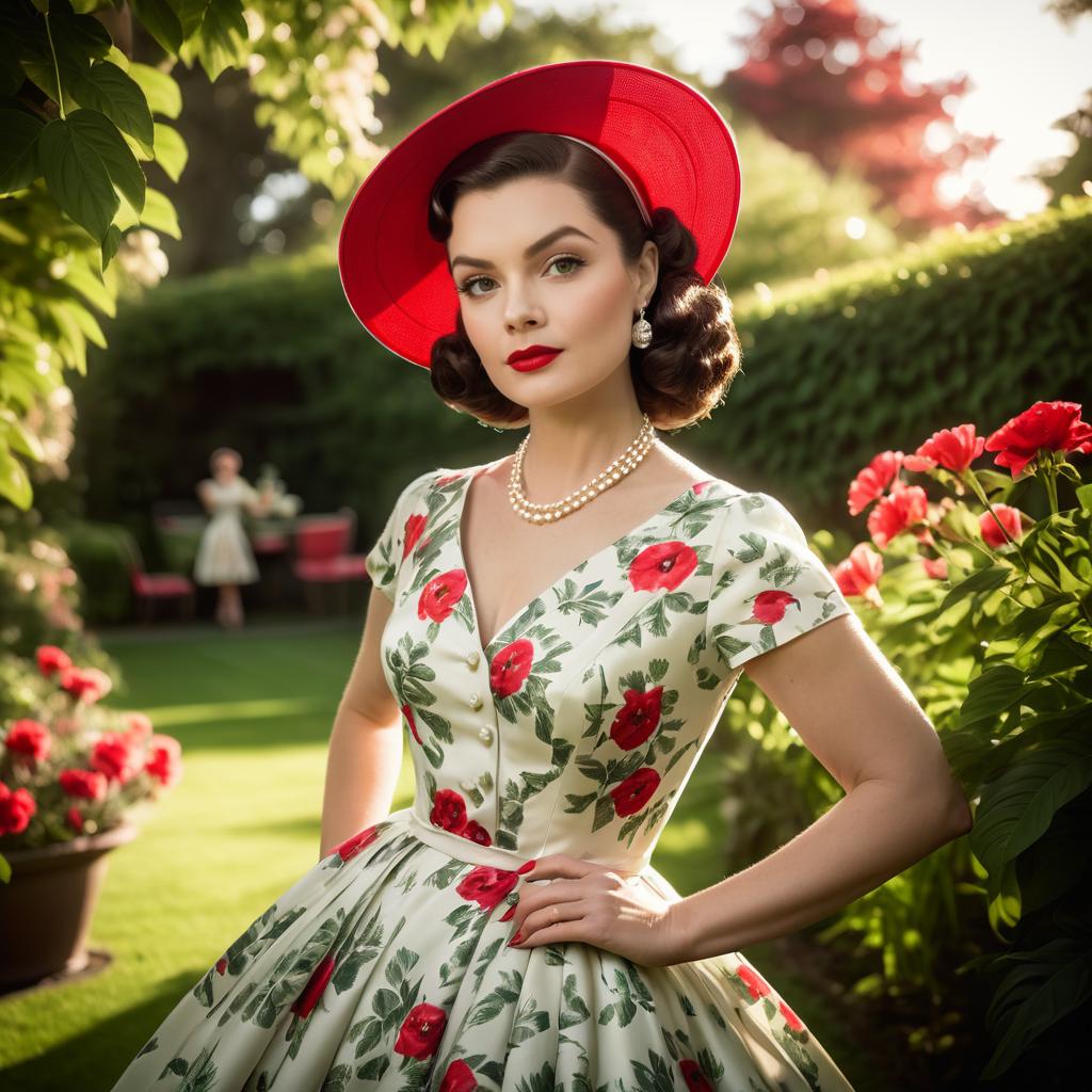 Stylish Woman in Floral Dress with Red Hat