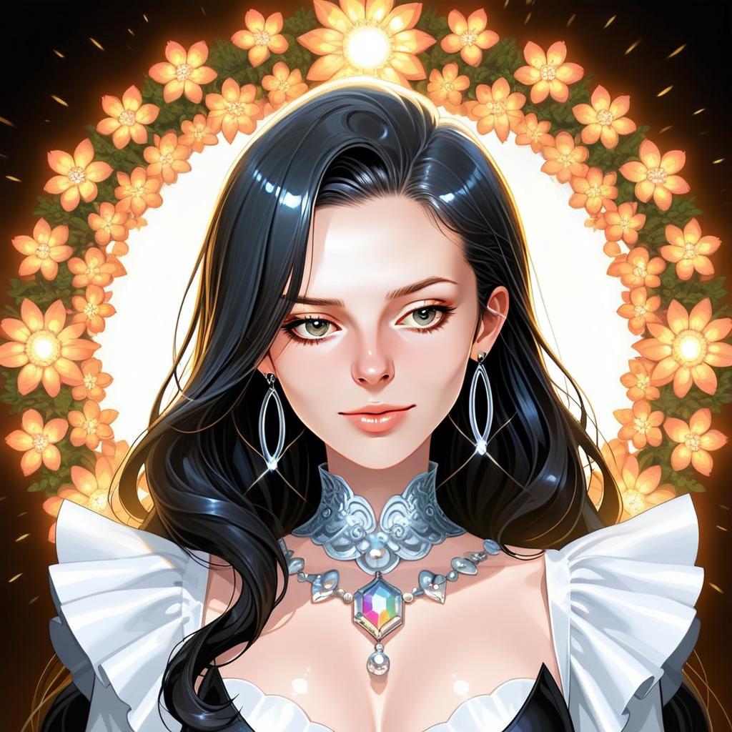 Elegant Woman Portrait with Black Hair and Orange Flowers Elegant Woman Portrait with Black Hair and Orange Flowers