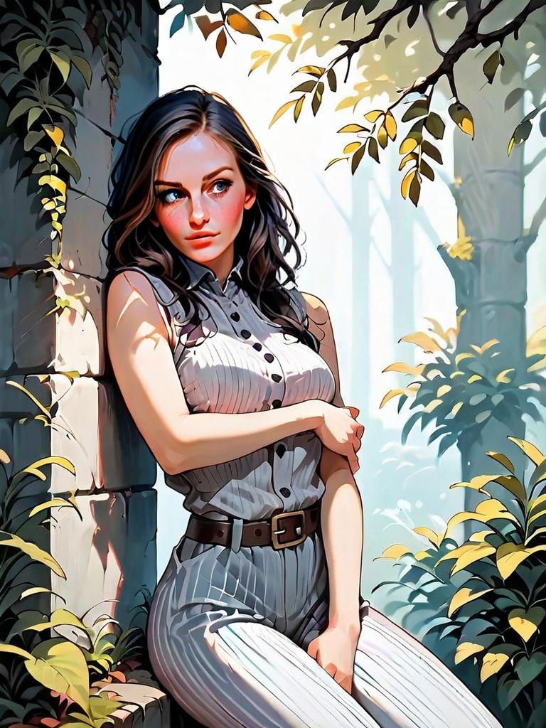 Stylish Woman in Pinstriped Jumpsuit Digital Illustration Nature Setting