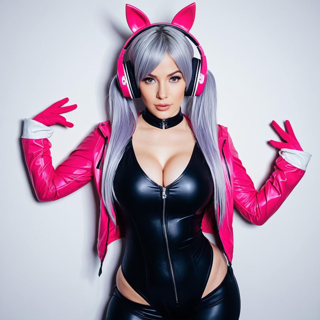 Woman in Black Leather Bodysuit and Pink Jacket with Cat Ear Headphones