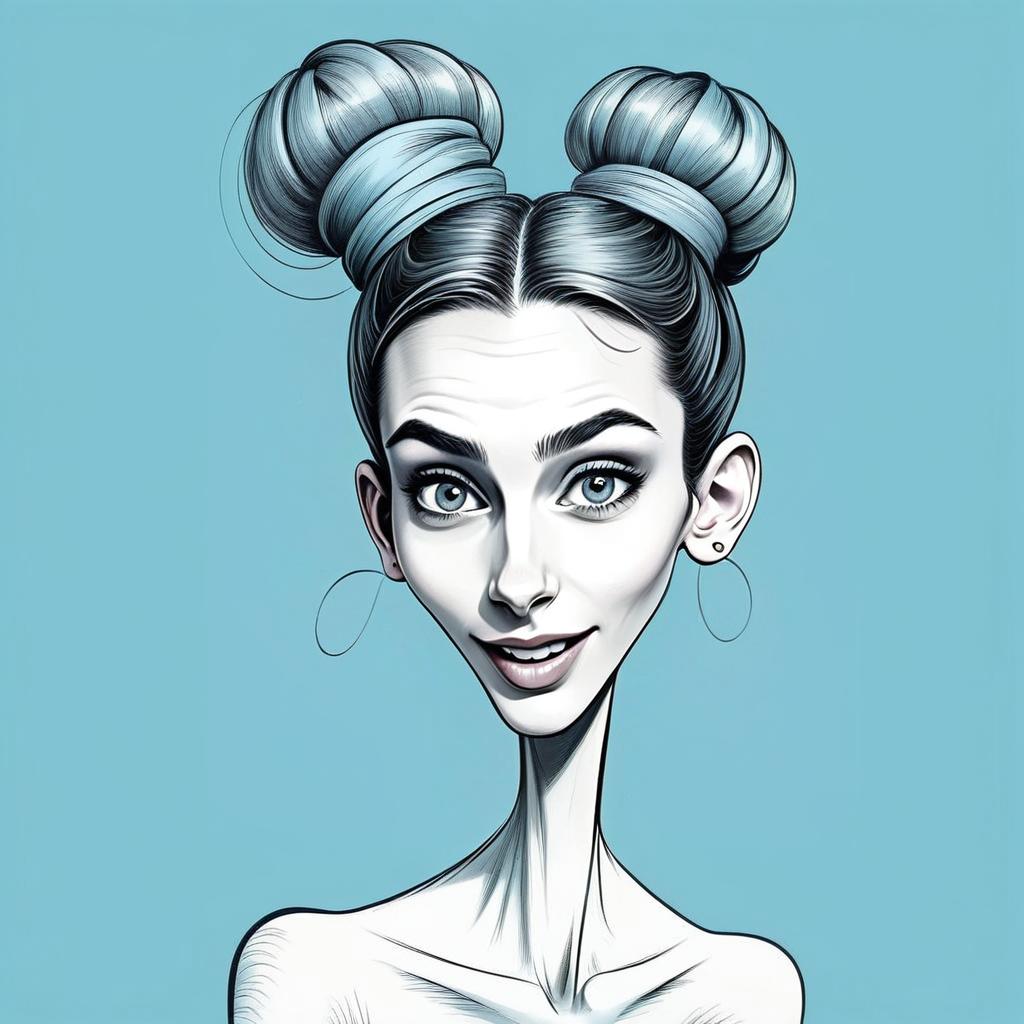 Stylized Caricature of Woman with Double Buns Digital Illustration