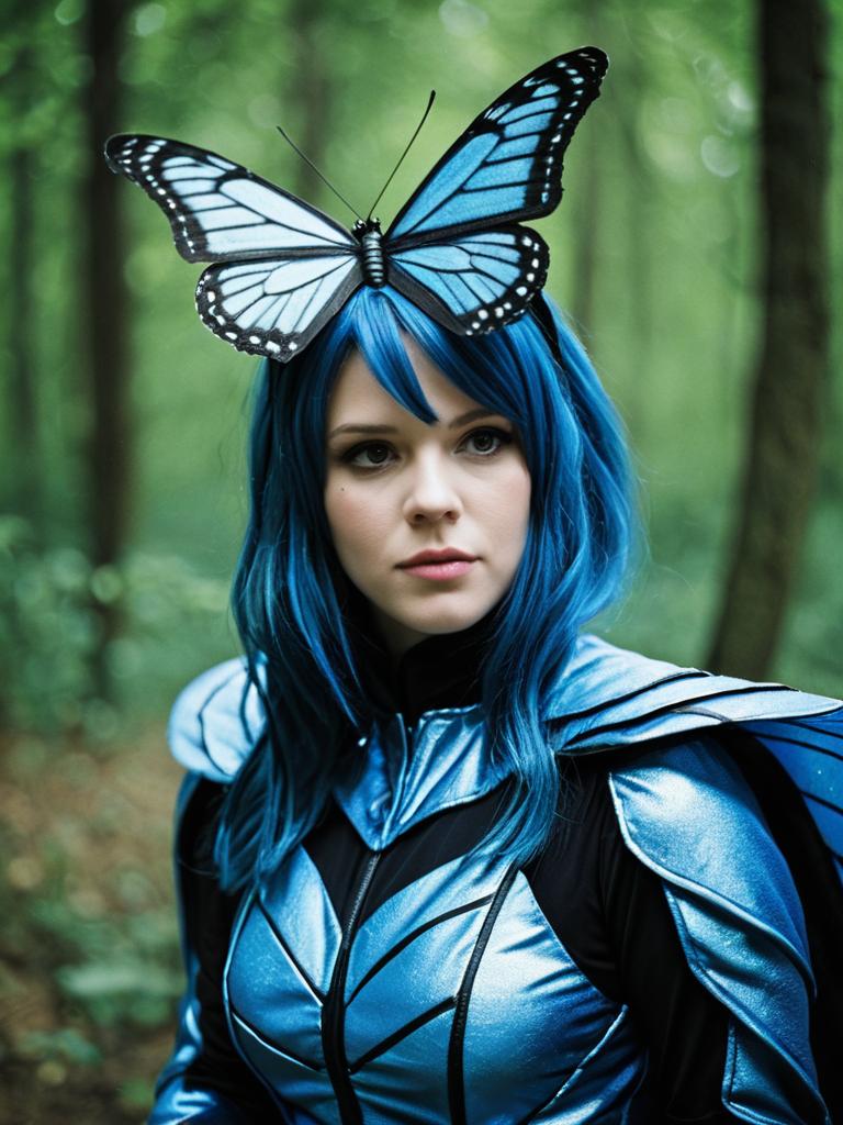 Woman in Blue Butterfly Costume Detailed Editorial Cosplay