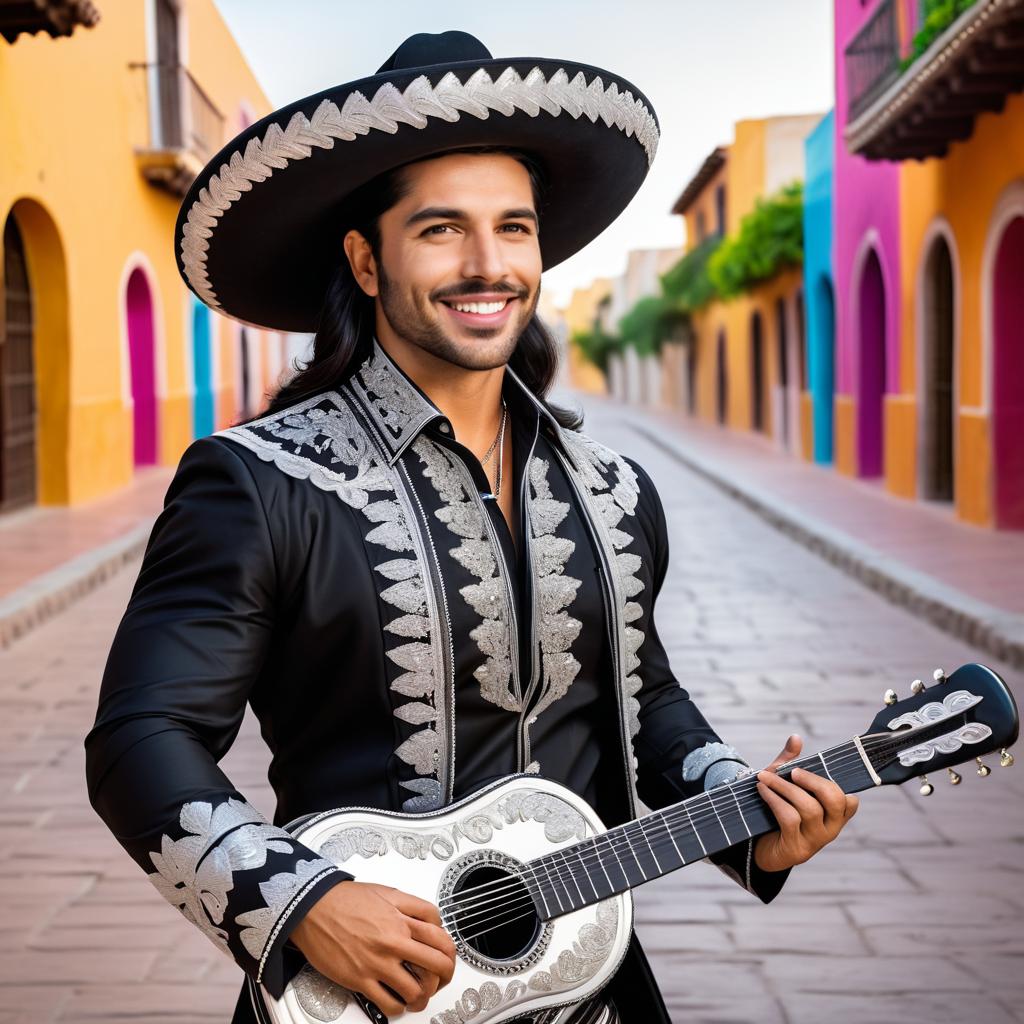 Mariachi Man with Guitar on Colorful Street