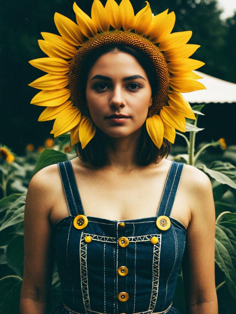 Portrait of Woman in Sunflower Costume Waist Up Editorial Photo