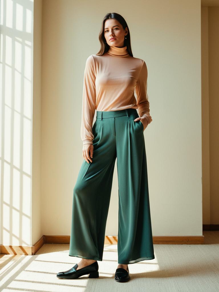 Stylish Woman in Wide-Leg Green Trousers and Beige Turtleneck Indoors