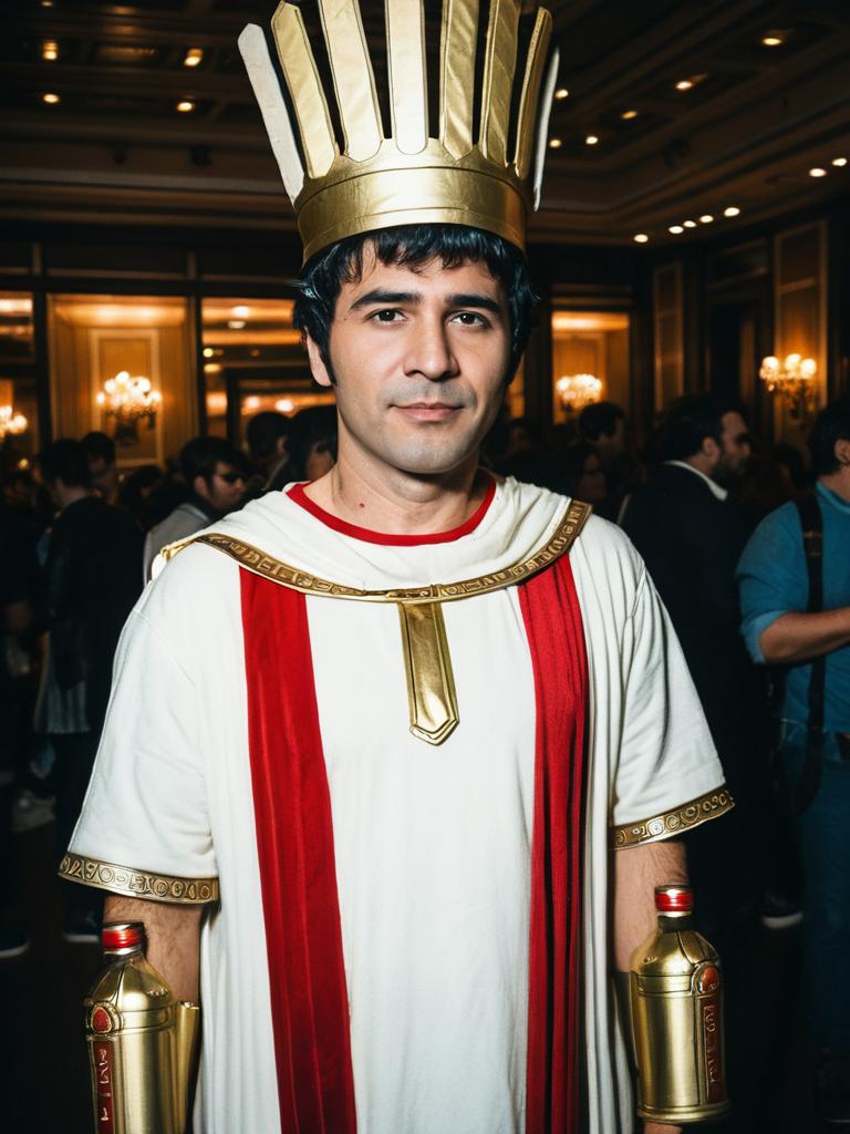 Man in Creative Caesar Dressing Bottle Costume at Cosplay Event