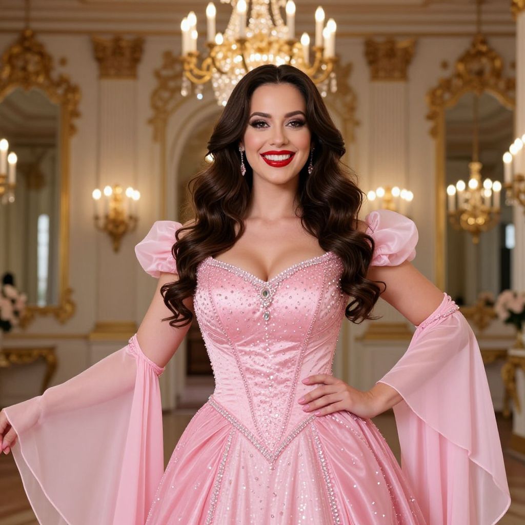 Elegant Woman in Pink Princess Ball Gown in Lavish Ballroom