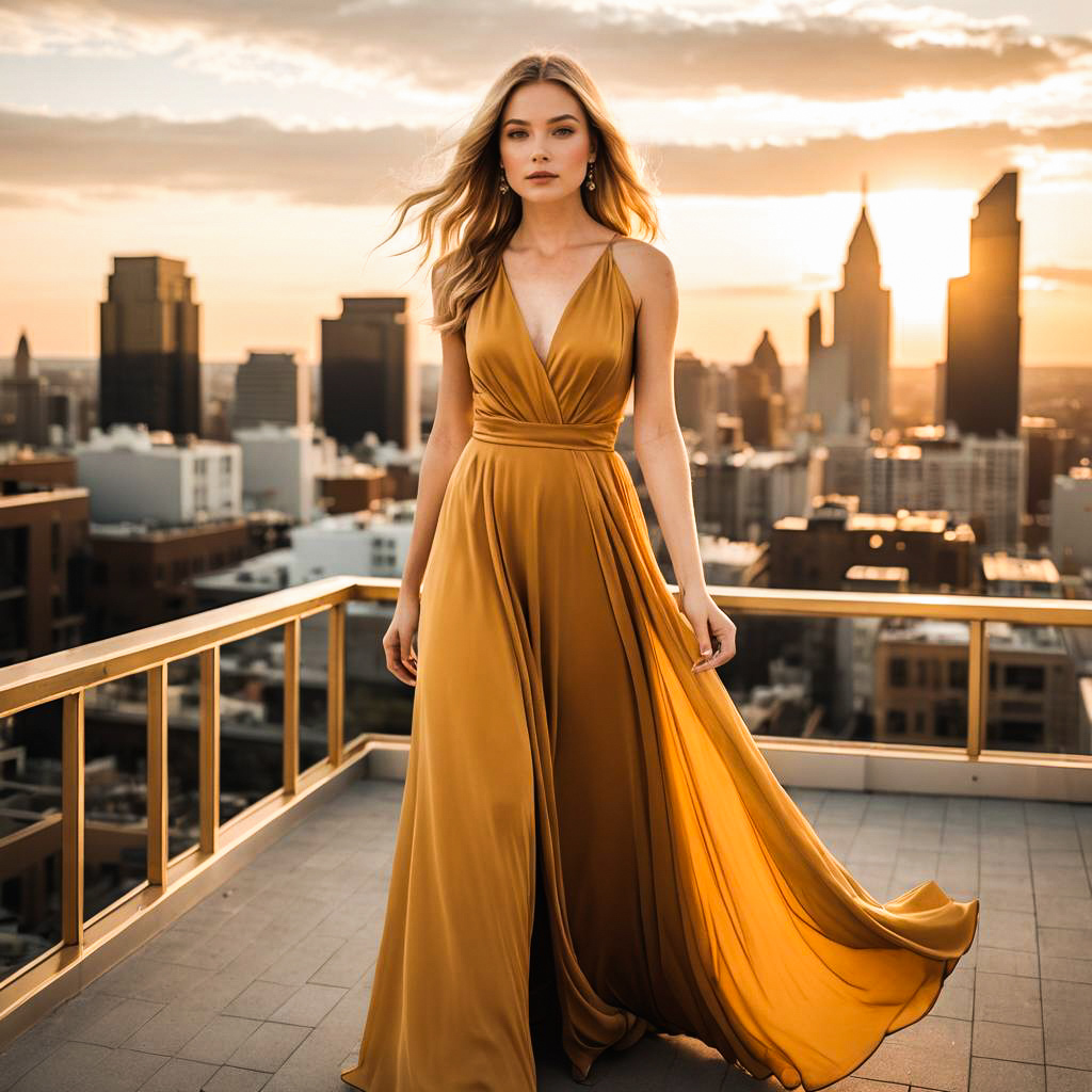 Elegant Woman in Golden Gown Against Sunset City Skyline